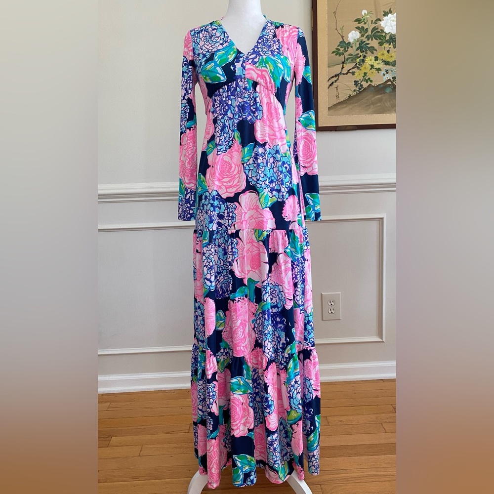 Lilly Pulitzer Martinique Tiered Maxi Dress Long Sleeve Hey Hey Bouquet XXS - Picture 5 of 16
